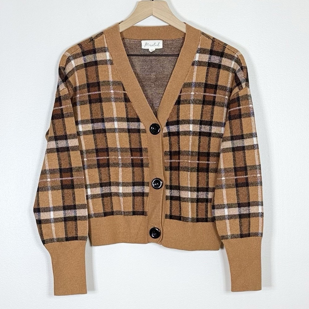 Marled Womens Plaid Cardigan Sweater Size M Tan Brown Grandpa Academia Preppy